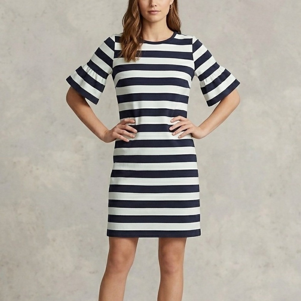 Lauren Ralph Lauren Womens Striped Bell Sleeve Ruffle Shift Dress Navy White‎ M